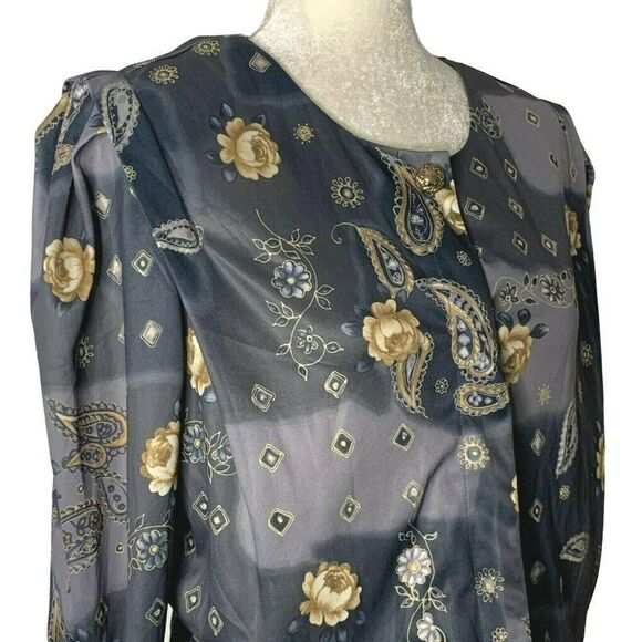 Vintage Midi Dress 14 Gray Floral Paisley 3/4 Sleeve Pockets Shoulder Pads - Picture 4 of 6